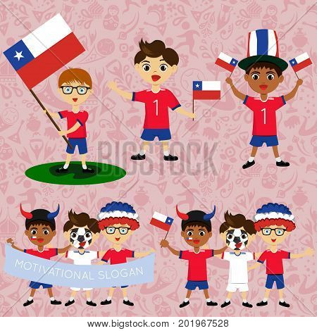 Set of boys with national flags of Chile. Blanks for the day of the flag independence nation day and other public holidays. The guys in sports form with the attributes of the football team