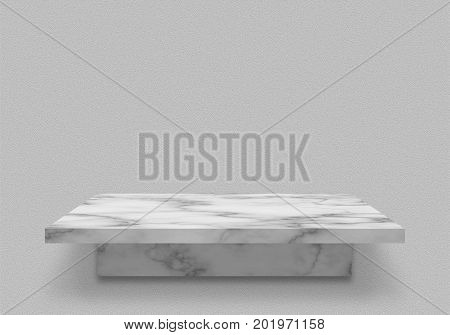 Marble shelves on gray wall background .
