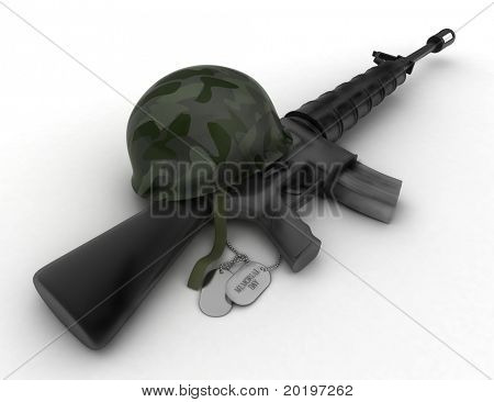 3D ilustrace pušky, vojenskou přilbu a Dog Tag