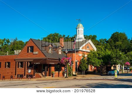 CHAGRIN FALLS OH - JULY 30 2017: The handsome Town Hall of Chagrin Falls Township stands within the village of Chagrin Falls and underwent a recent renovation.