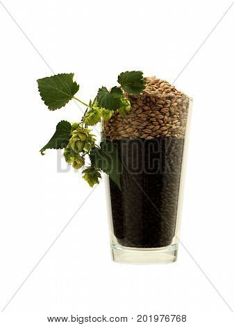 Barley and Hops in a Beer Glass on White