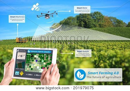 Smart farming 4.0 Hi-Tech Agriculture conceptual Drone AI automatic