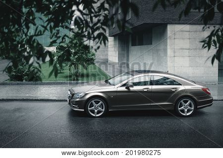 Moscow, Russia - June 02, 2017: Mercedes-benz Cls 500 4Matic Car Is Parked Near Office Buildings In