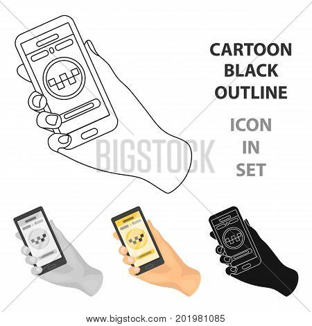 Hand holding a phone to call for order taksi.Programm car taxi online. Taxi station single icon in cartoon style vector symbol stock web illustration.