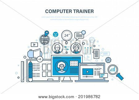 Computer trainer. Personal trainer online. System of training and courses, distance learning, knowledge, teaching and skills. New learning technology. Illustration thin line design of vector doodles.