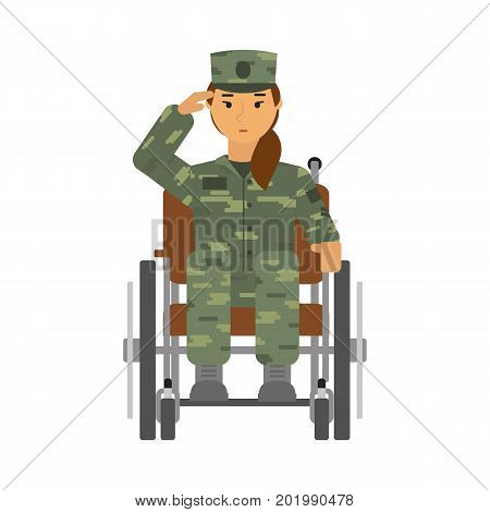 Vector illustration saluted soldier woman in wheelchair isolatedon white background.