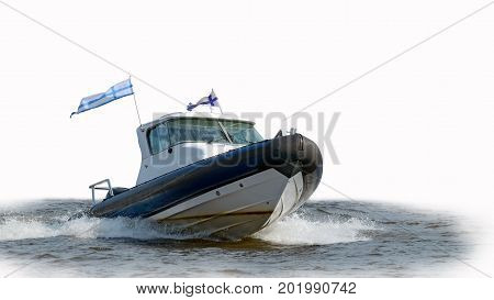 Pleasure boat floats on the river at high speed.