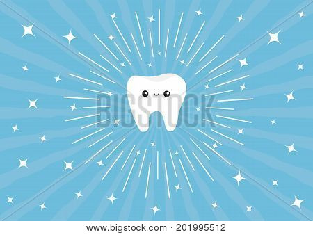 Healthy white tooth icon. Cute cartoon character. Happy smiling face and eyes. Round line circle. Children teeth care. Oral dental hygiene. Shining effect stars. Blue background. Flat design. Vector