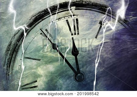 Retro clock with five minutes before twelve with lightning strike