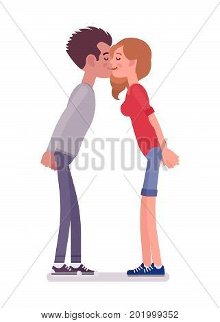 Young man and woman exchanging kisses. Affection, support and complicity gesture, romantic partner. Social communication concept. Vector flat style cartoon illustration, isolated, white background