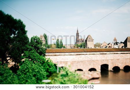 Tilt-shift Lens Over Les Ponts Couverts Gedeckte Brucken Three Bridges And Four Towers  In Central S