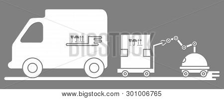 Vector Illustration With Robot Loader Loads Boxes Into A Truck. Automation Warehouse Processes. Smar