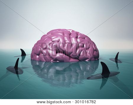 Human Brain In Water Surrounded By Sharks.