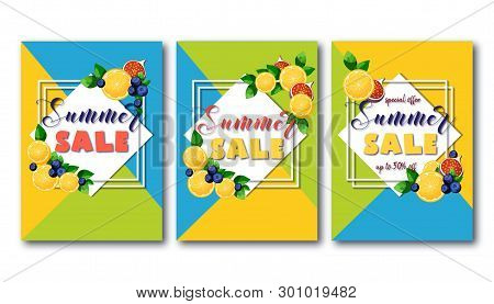 Summer Sale Flyers Set With Bright Colorful Fruits On Geometric Green, Blue And Yellow Background.