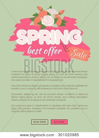 Spring Sale Best Offer Promo Poster With Flower Bouquet And Text Sample. Vector Abel With Rose Buds 