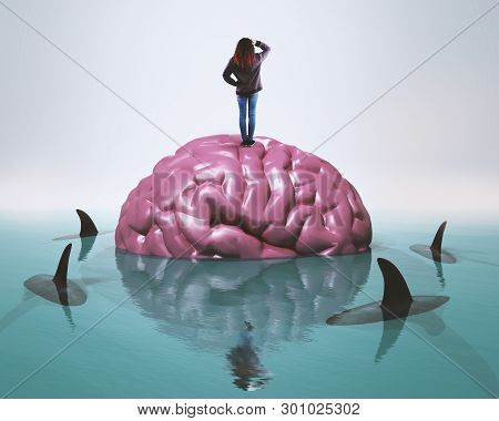 Woman Standing On Human Brain In Water Surrounded By Sharks.