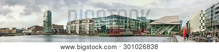 Dublun, Ireland- February 1, 2017: Modern Dublin Docklands Or Silicon Docks. Panorama Of Modern Apar