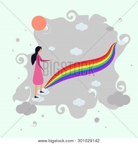 Femail With Dark Hair Enters The Rainbow. Among The Clouds. Lgbt Community. Human Rights Choose Love