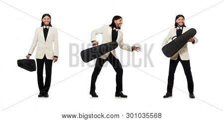 Man with violin case on whtie