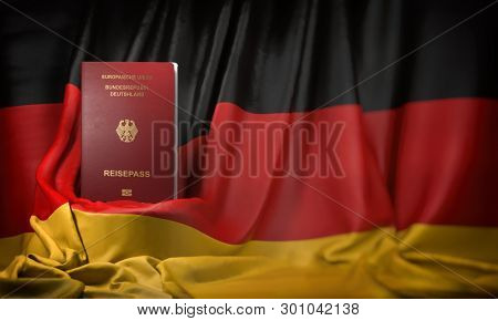 German passport on the flag of Germany. Getting a german passport,  naturalization and immigration concept. 3d illustration