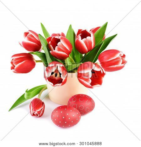 Bunch Of Red Stripy Tulips And Two Red Colored Easter Eggs Isolated On White Background, Text Space