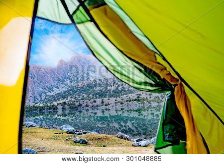 View From The Tent To The Alaudin Lake And Rocky Mountain. Fann Mountains,tajikistan, Central Asia