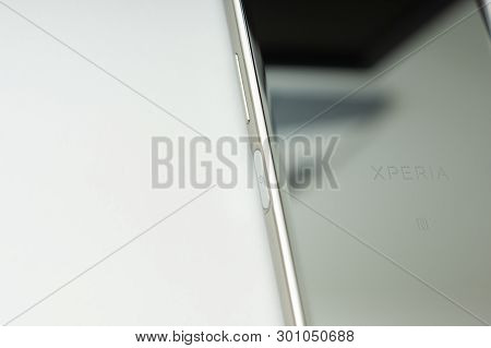 Melbourne, Australia - July 23rd 2018 - Sony Xperia Logo On The Back Of The Shiny Xperia Xz Premium