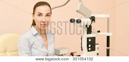 Eye Ophthalmologist Exam. Eyesight Recovery. Astigmatism Check Concept. Ophthalmology Diagmostic Dev