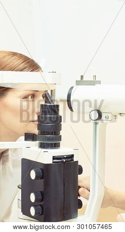 Eye Ophthalmologist Exam. Eyesight Recovery. Astigmatism Check Concept. Ophthalmology Diagmostic Dev