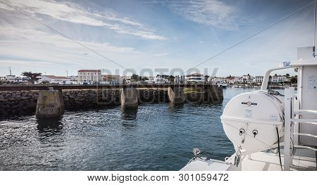 Ile D Yeu, France - September 16, 2018: View Of The Bridge Of A Ferry That Enters The Harbor Of The 