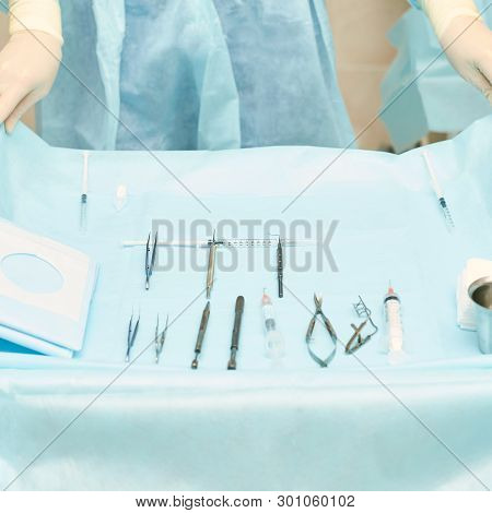 Ophthalmology Laser Microscope Operation. Clinic Room With Doctor And Parient. Gloves And Medicine T