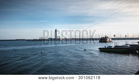 Sete, France - January 4, 2019: Architecture Detail Of Port Saint Louis Lighthouse On A Winter Day