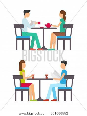 Man And Woman Sitting On Chairs At Table, Drinking Cups Of Coffee And Tea. Couples In Casual Clothes
