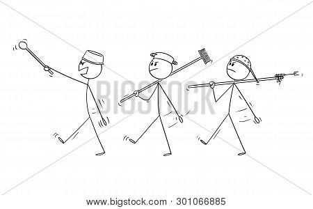 Vector Cartoon Stick Figure Drawing Conceptual Illustration Of Three Adult Men Playing At Soldiers A