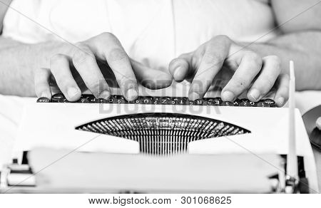 Vintage Typewriter Concept. Hands Typing Retro Writing Machine. Old Typewriter And Authors Hands. Ma