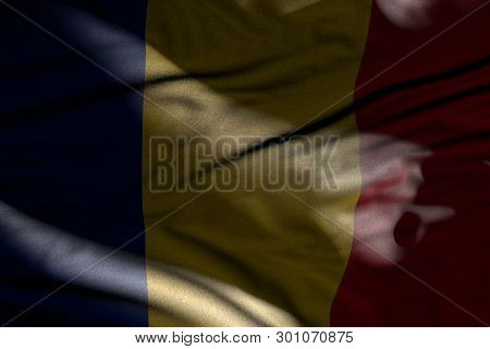 Nice Photo Of Dark Romania Flag With Folds Lie In Shadows With Light Spots On It - Any Holiday Flag 