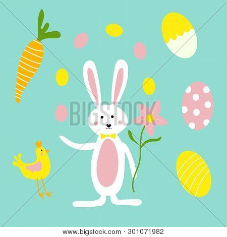Cute Easter Bunny, Flowers, Carrots And Chicken Seamless Pattern Print Background