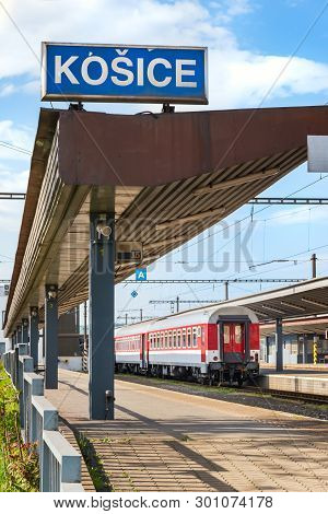 Kosice, Slovakia – May 1 2019: Second Class Coach (car) Still By Platform At Main Railway Station In