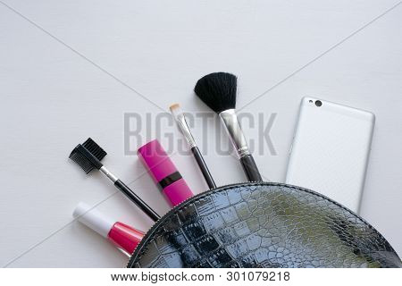 Professional Make-up Cosmetic Brushes On A White Background. The Concept Of Beauty And Fashion. Top 