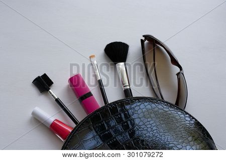 Professional Make-up Cosmetic Brushes On A White Background. The Concept Of Beauty And Fashion. Top 