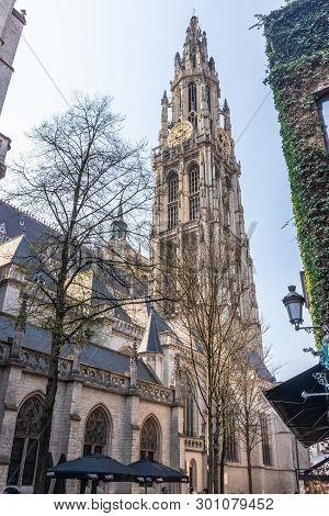 Antwerp, Belgium - April 7, 2019: The Cathedral Of Our Lady (dutch: Onze-lieve-vrouwekathedraal) In 