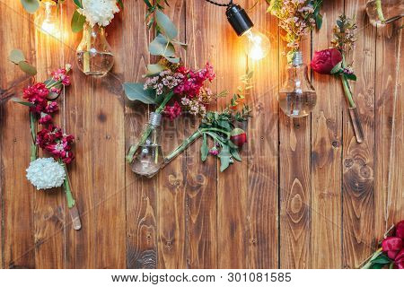 Rustic Wedding Photo Zone. Hand Made Wedding Decorations Includes Photo Booth  Red Flowers. Garlands
