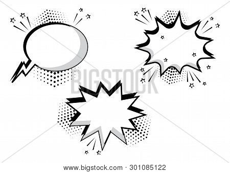 Set Black And White Comic Bubbles For Your Text. Comic Sound Effects In Pop Art Style. Sound Bubble 