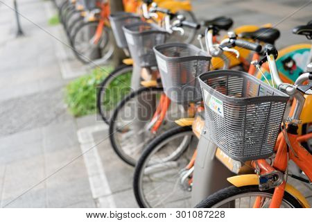 Taipei, Taiwan - May 12th, 2019:row of bicycles called Ubike, a bike sharing system service used by citizens as short-distance transit vehicles in Taipei, Taiwan, Asia