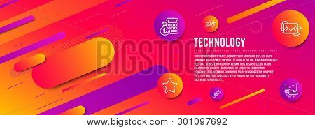 Header Banner. Refresh Mail, Bitcoin Mining And Finance Calculator Icons Simple Set. Escalator, Star