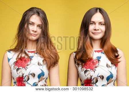 Girl With Glossy And Messy Unbrushed Hair In After Shampoon.