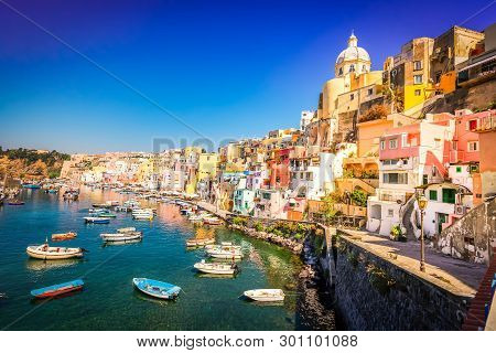 Procida Island Colorful Town With Harbor At Summer, Italy, Retro Toned