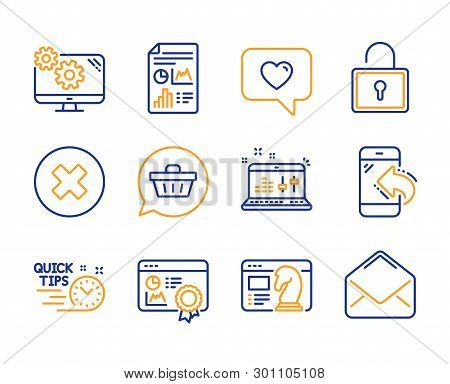 Seo Certificate, Close Button And Seo Strategy Icons Simple Set. Shopping Cart, Incoming Call And So