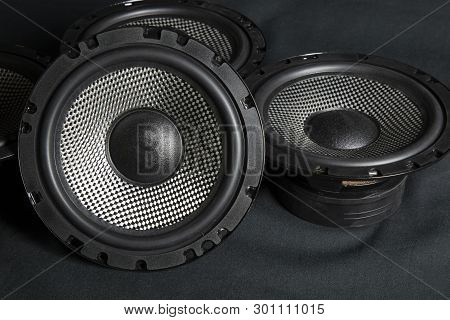 Car Audio System. Car Music. Subwoofer On Black Background.