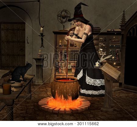 Spellbound Scene With A Witch Stirring Up In The Cauldron With A Rod - 3d Illustration